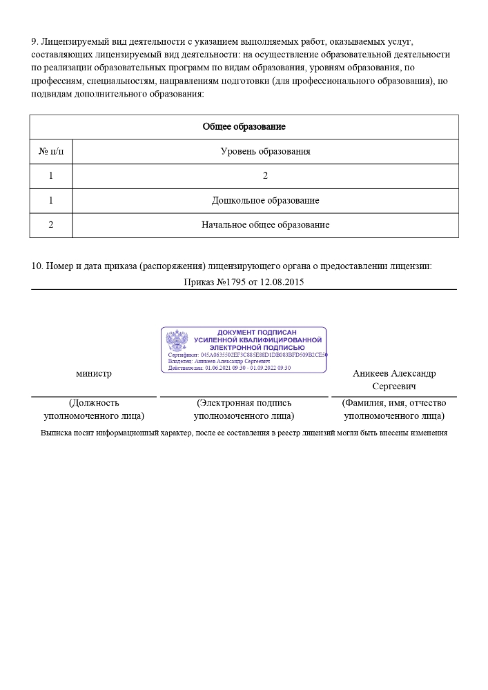 Лицензия на осуществление образовательной деятельности № 275 от 12.08.2015